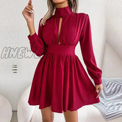 Hnewly New Women’s Autumn Winter Sexy Hollow Out Solid Color High Waist Large Swing Dress For