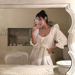 Hnewly New Women’s Lolita Dress White Lace Square Neck Princess Sleepshirts Vintage Ladies