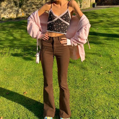 Hnewly New Women’s Trousers Ins British Style Retro Brown High Waist Elastic Flared Jeans Casual