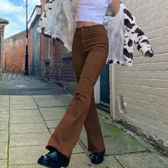 Hnewly New Women’s Trousers Ins British Style Retro Brown High Waist Elastic Flared Jeans Casual