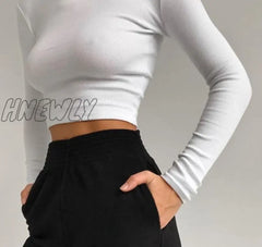 Hnewly O Neck Long Sleeve Shirt Women Ribbed Sexy Cropped Tops Spring Black Casual Skinny Slim