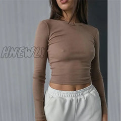 Hnewly O Neck Long Sleeve Shirt Women Ribbed Sexy Cropped Tops Spring Black Casual Skinny Slim