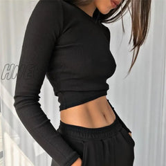 Hnewly O Neck Long Sleeve Shirt Women Ribbed Sexy Cropped Tops Spring Black Casual Skinny Slim