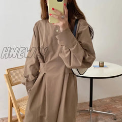 Hnewly O Neck Maxi Dresses Spring Fall Women Casual A Line Loose Tie Long Sleeve Dress 3 Colors