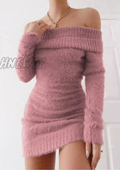 Hnewly Off Shoulder Women Sweater Bodycon Dress Sexy French Knitted Long Sleeve Pink Y2K Vintage