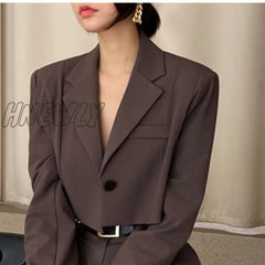 Hnewly Office Lady Blazer Suits Vintage Two Piece Set Women Long Sleeve Short + High Waist Wide Leg