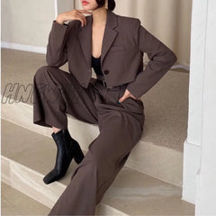 Hnewly Office Lady Blazer Suits Vintage Two Piece Set Women Long Sleeve Short + High Waist Wide Leg