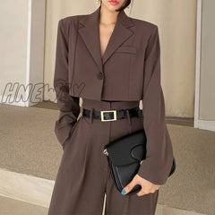 Hnewly Office Lady Blazer Suits Vintage Two Piece Set Women Long Sleeve Short + High Waist Wide Leg