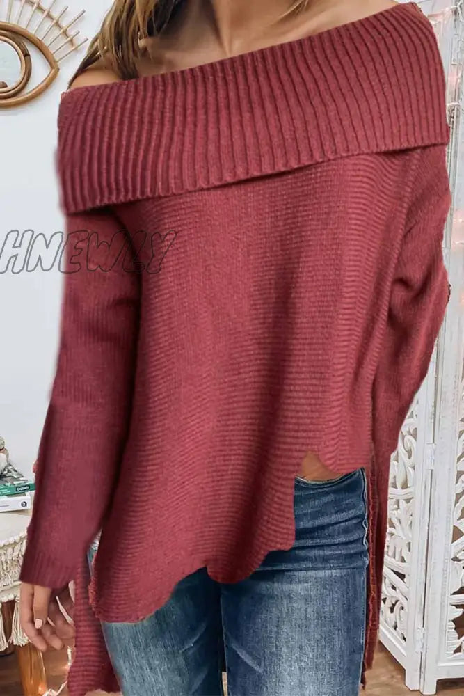 Hnewly - One Word Neck Long Sleeve Off Shoulder Sexy Sweater S / Brick Red Tops