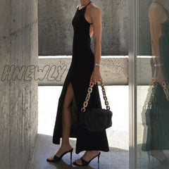 Hnewly Open Back Backless Dress Black Slip Split Maxi Summer Sundress Vacation Holiday Outfits