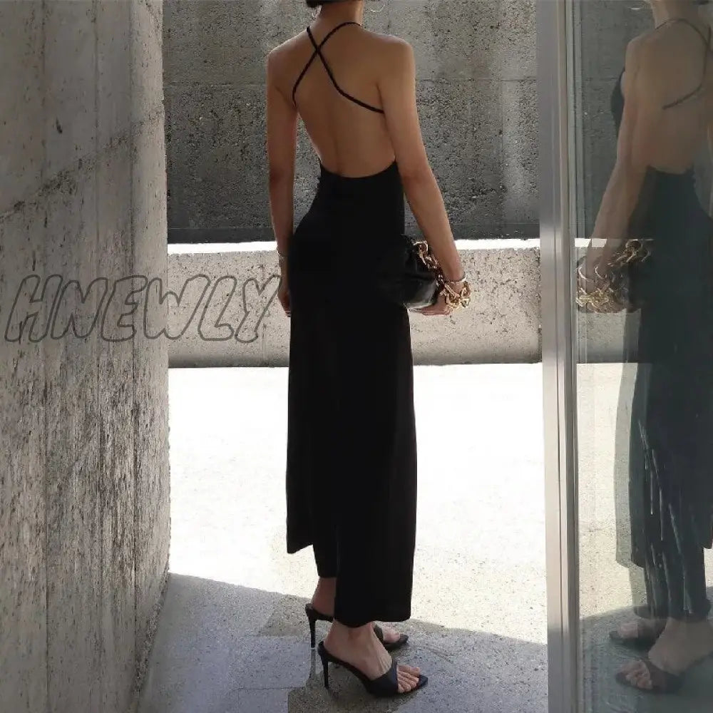 Hnewly Open Back Backless Dress Black Slip Split Maxi Summer Sundress Vacation Holiday Outfits