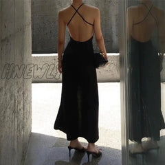 Hnewly Open Back Backless Dress Black Slip Split Maxi Summer Sundress Vacation Holiday Outfits