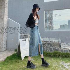 Hnewly Open Half Denim Skirt Women Summer New Y2K High Waist Long Female Package Hip Jean Skirts