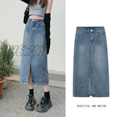 Hnewly Open Half Denim Skirt Women Summer New Y2K High Waist Long Female Package Hip Jean Skirts