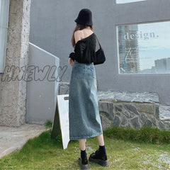 Hnewly Open Half Denim Skirt Women Summer New Y2K High Waist Long Female Package Hip Jean Skirts
