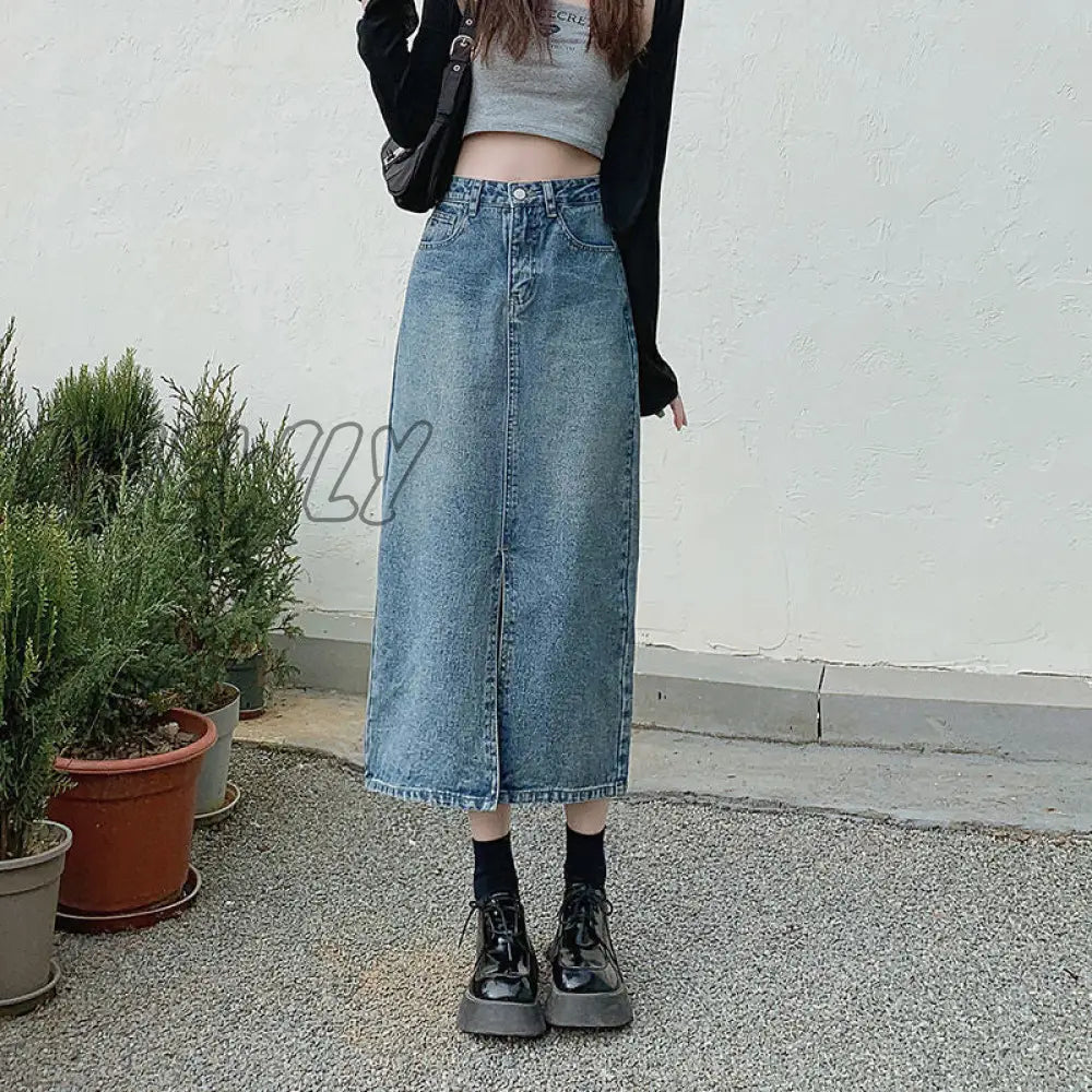 Hnewly Open Half Denim Skirt Women Summer New Y2K High Waist Long Female Package Hip Jean Skirts