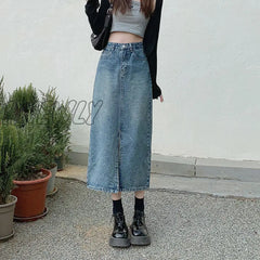 Hnewly Open Half Denim Skirt Women Summer New Y2K High Waist Long Female Package Hip Jean Skirts