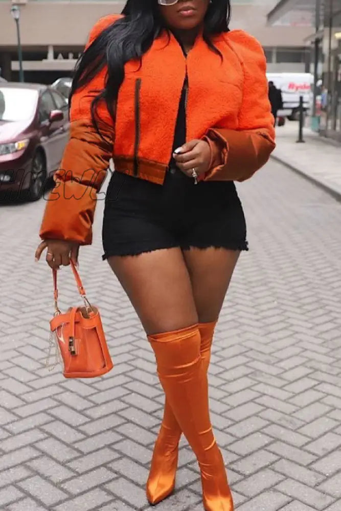 Hnewly - Orange Casual Solid Patchwork Zipper Outerwear Coats