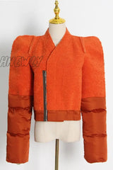 Hnewly - Orange Casual Solid Patchwork Zipper Outerwear Coats