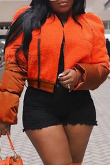 Hnewly - Orange Casual Solid Patchwork Zipper Outerwear Coats