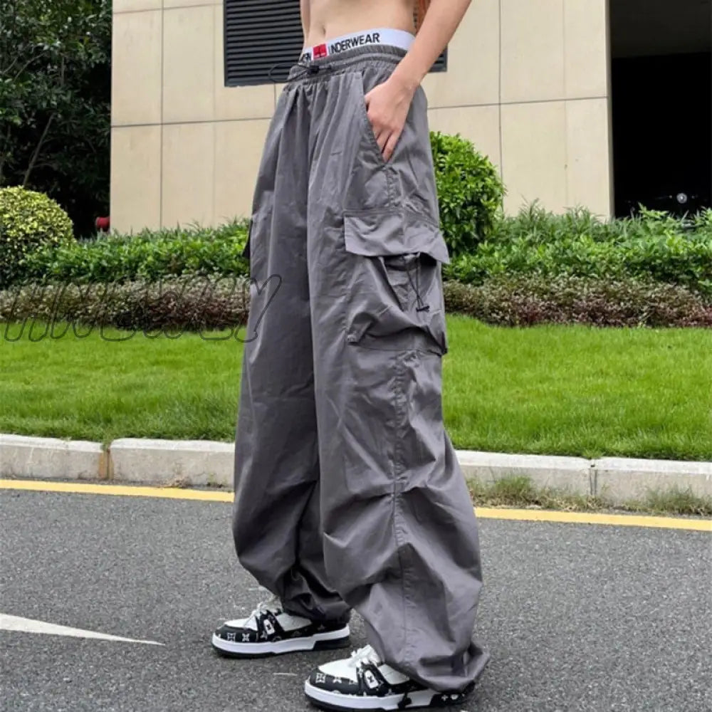 Hnewly Oversize Pocket Cargo Pants Women Wide Leg Loose Casual Y2K Parachute Hippie Streetwear