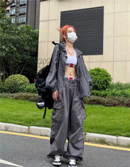 Hnewly Oversize Pocket Cargo Pants Women Wide Leg Loose Casual Y2K Parachute Hippie Streetwear