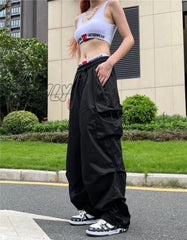 Hnewly Oversize Pocket Cargo Pants Women Wide Leg Loose Casual Y2K Parachute Hippie Streetwear