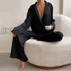 Hnewly Oversized Satin Silk Sleepwear Low Cut Sexy Pajamas For Women Single - Breasted Long Sleeves