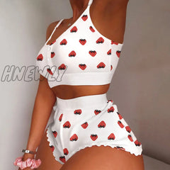 Hnewly Pajamas For Women Women’s 2 Pieces Kawaii Strawberry Print Frill Hem Cami Pajama Set