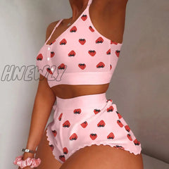 Hnewly Pajamas For Women Women’s 2 Pieces Kawaii Strawberry Print Frill Hem Cami Pajama Set