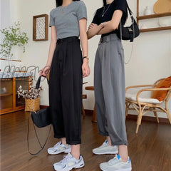 Hnewly Pants Women All-Match Basic Summer Bf Style Minimalist Ladies Ankle-Length Trousers Wide-Leg