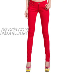 Hnewly Pants Women Elastic Pencil Jeans Candy Colored Mid Waist Zipper Slim Fit Skinny Full Length