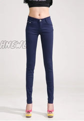 Hnewly Pants Women Elastic Pencil Jeans Candy Colored Mid Waist Zipper Slim Fit Skinny Full Length