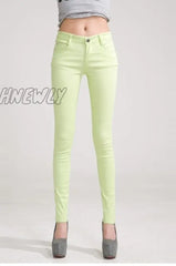 Hnewly Pants Women Elastic Pencil Jeans Candy Colored Mid Waist Zipper Slim Fit Skinny Full Length
