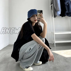 Hnewly Pants Women Minimalist Solid Color Ulzzang Street Straight Full Length Female Trousers