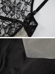 Hnewly Patchwork Mesh Lace Sexy Club Party Midi Dress Women Outfits Sleeveless Black Bodycon