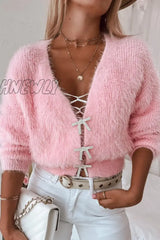 Hnewly - Pink Casual Daily Solid Cardigan With Bow Rhinestone V Neck Outerwear Coats