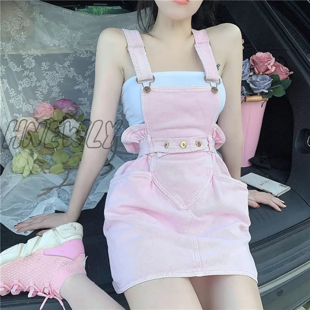 Hnewly Pink Dresses For Women Summer Sleeveless Backless Denim Strap Mini Dress Sweet Girl Y2K