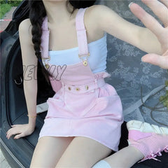 Hnewly Pink Dresses For Women Summer Sleeveless Backless Denim Strap Mini Dress Sweet Girl Y2K