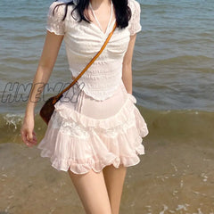 Hnewly Pink Kawaii Sweet Lolita Mini Skirt Women Casual Lace Ruffles Chiffon Beach Cute Skirts