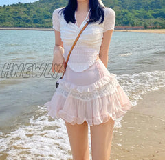 Hnewly Pink Kawaii Sweet Lolita Mini Skirt Women Casual Lace Ruffles Chiffon Beach Cute Skirts