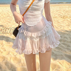 Hnewly Pink Kawaii Sweet Lolita Mini Skirt Women Casual Lace Ruffles Chiffon Beach Cute Skirts