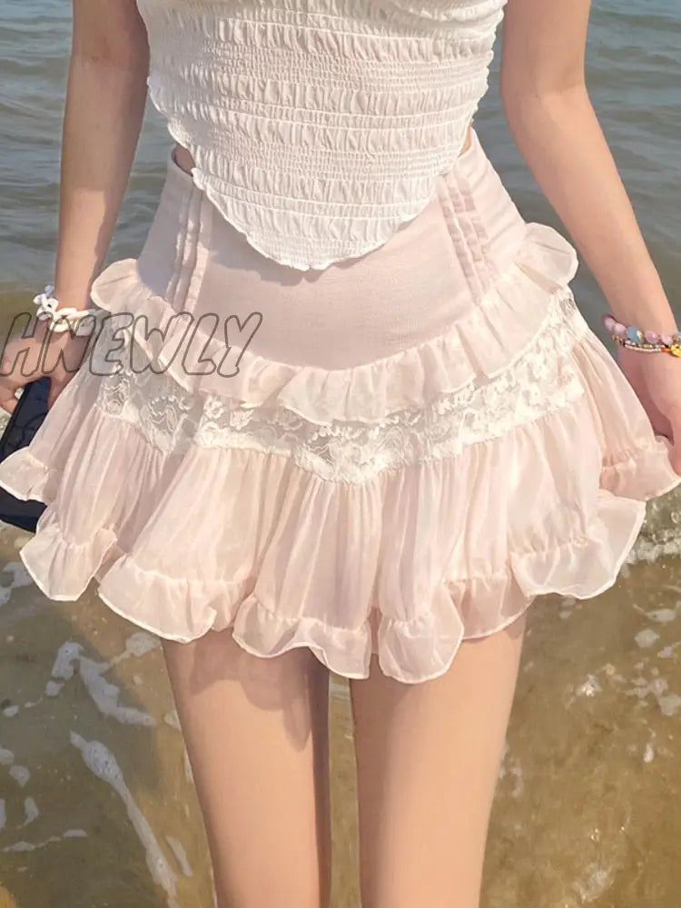 Hnewly Pink Kawaii Sweet Lolita Mini Skirt Women Casual Lace Ruffles Chiffon Beach Cute Skirts