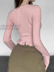 Hnewly Pink Long Sleeve Top Women Coquette Girl Aesthetic Sexy Lace Patchwork Square Collar Bandage