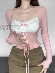 Hnewly Pink Long Sleeve Top Women Coquette Girl Aesthetic Sexy Lace Patchwork Square Collar Bandage