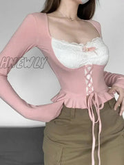 Hnewly Pink Long Sleeve Top Women Coquette Girl Aesthetic Sexy Lace Patchwork Square Collar Bandage