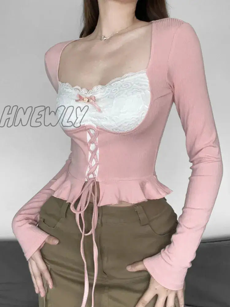 Hnewly Pink Long Sleeve Top Women Coquette Girl Aesthetic Sexy Lace Patchwork Square Collar Bandage