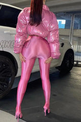 Hnewly - Pink Solid Cardigan Zipper Collar Outerwear Coats