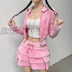 Hnewly Pink Velvet Two Piece Set For Women Y2K Zip Up Long Sleeve Cropped Hoodie Kawaii Lace-Up