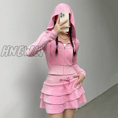 Hnewly Pink Velvet Two Piece Set For Women Y2K Zip Up Long Sleeve Cropped Hoodie Kawaii Lace-Up